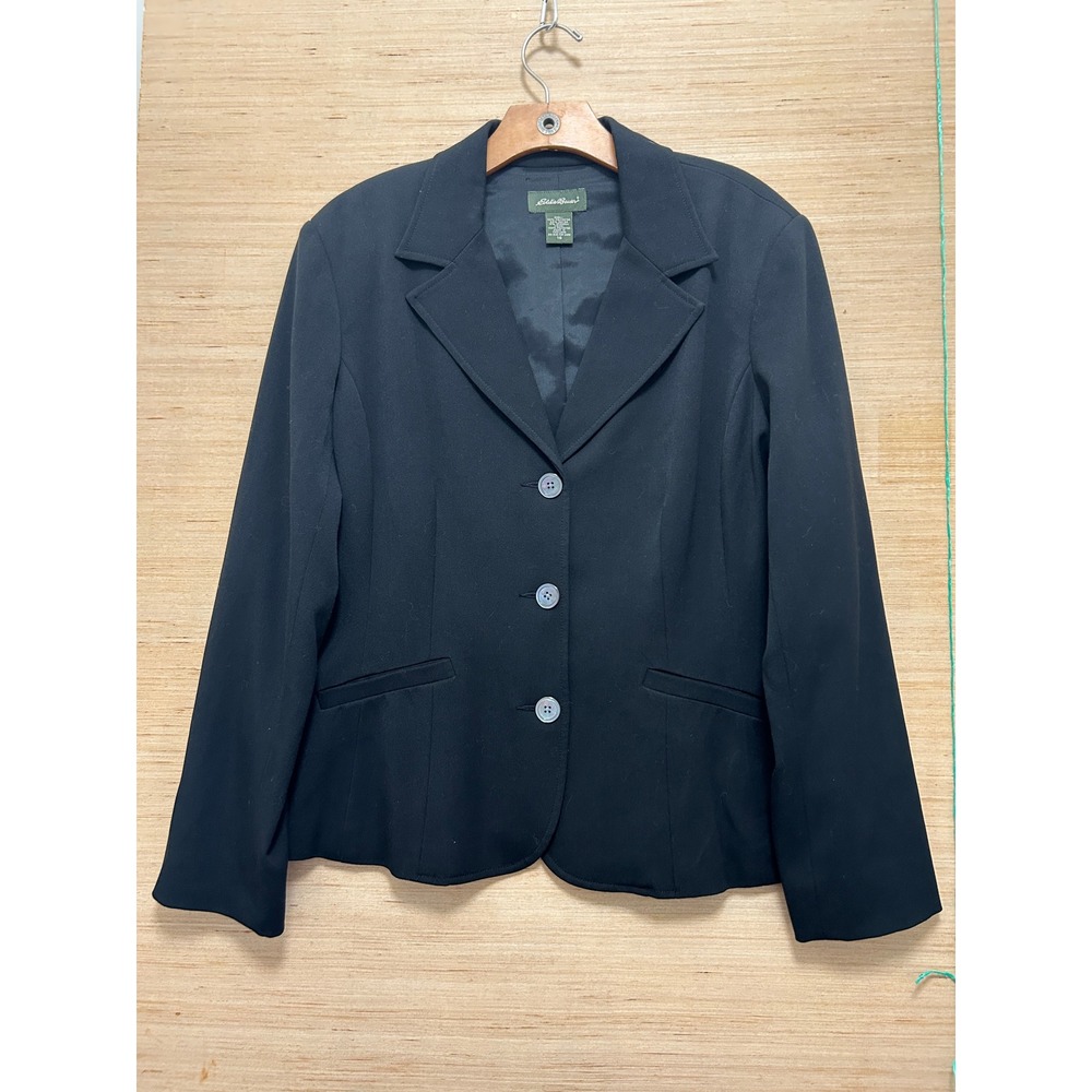 Eddie Bauer Womens Black Three Button Blazer Jacket Stretch Size 16 Professional